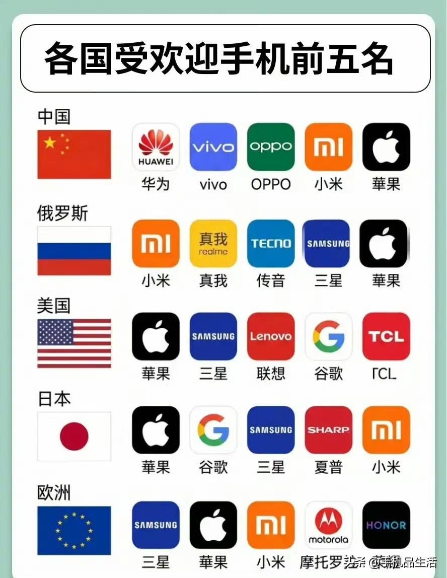 各国受欢迎手机品牌前五名
手机品牌排名