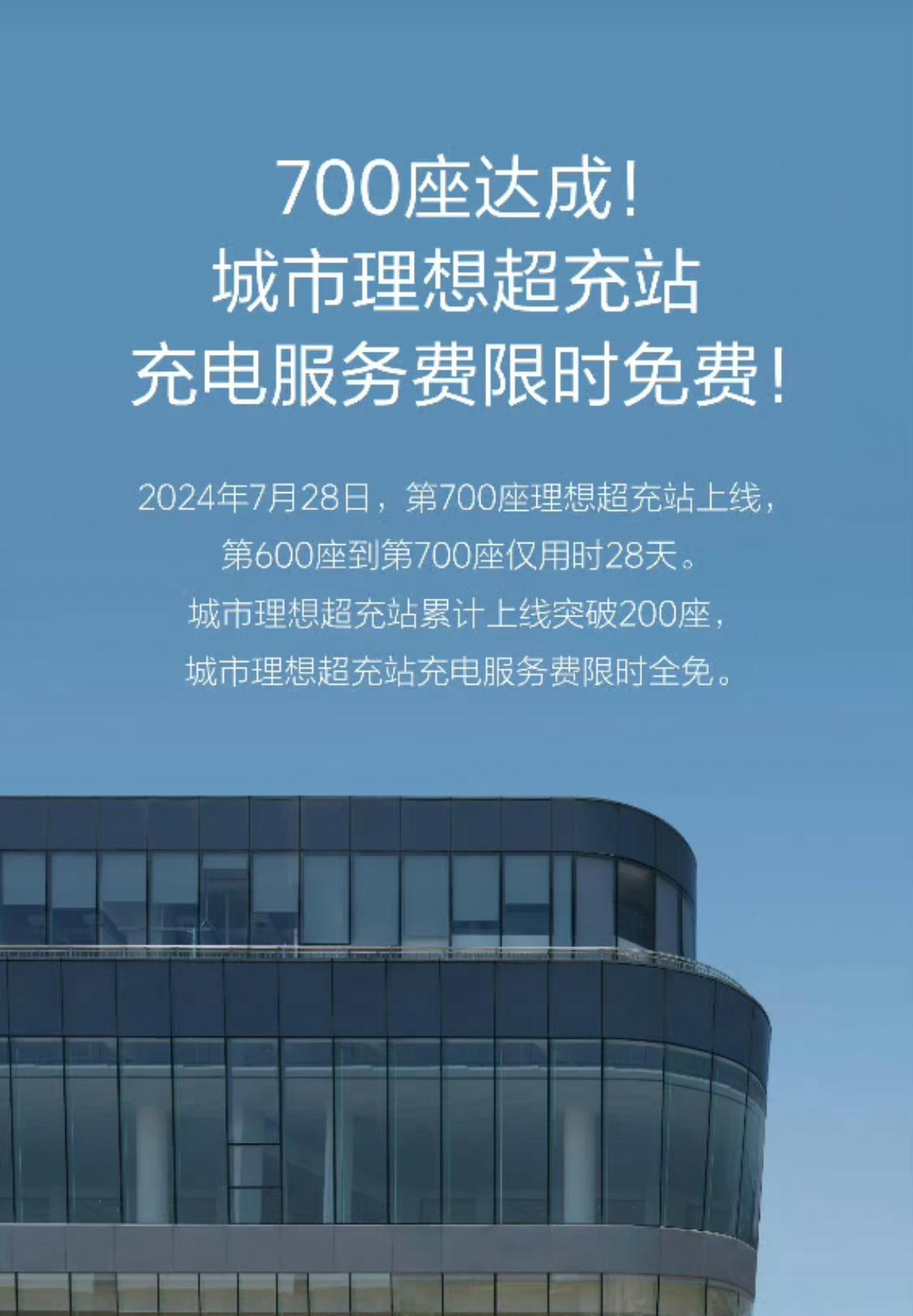 理想超充站破700座。7月28日到8月11日，所有城市理想超充站充电免费，可以薅