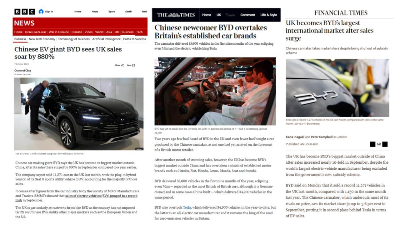 根据英国汽车制造商和贸易商协会的数据，2025 年 9 月，比亚迪在英国乘用车销