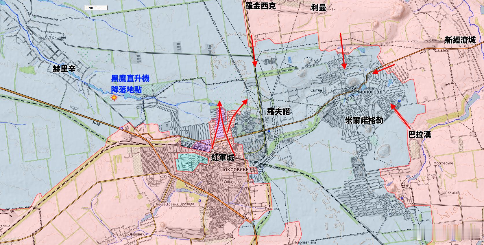 如圖所示，烏克蘭GUR 特種部隊甚至連著陸區都無法突破，即使是衝出半公里的範圍。