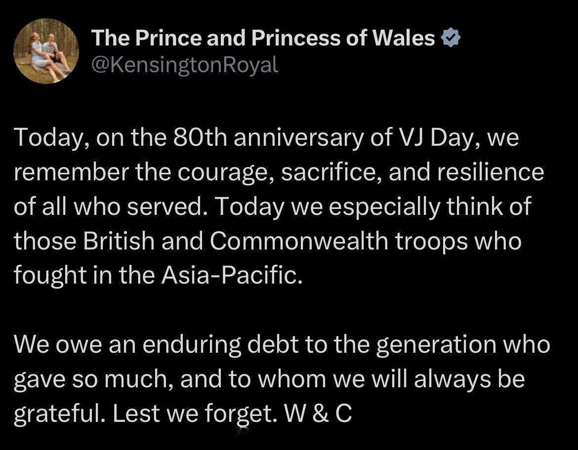 威廉王子[超话]  今天是VJ日（抗🇯🇵战争胜利日）8️⃣0️⃣周年，威尔士