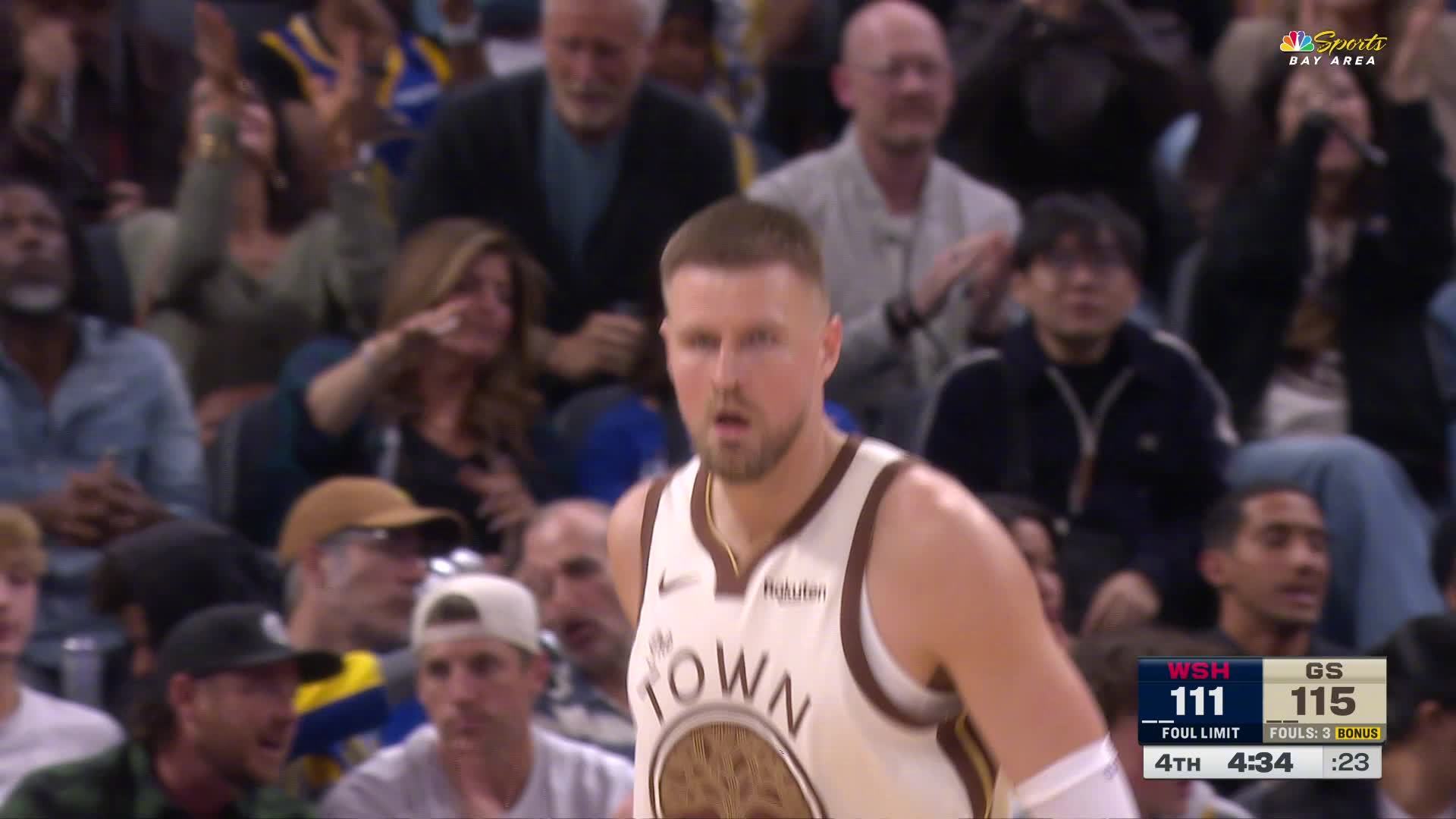 波尔津吉斯中投得分！勇士117:113奇才。奇才vs勇士