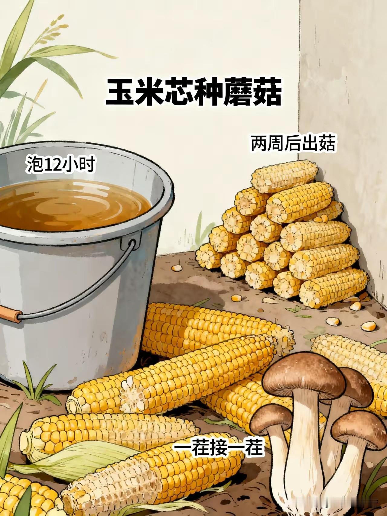 玉米芯泡白醋，12小时后堆墙角，两周后蘑菇自己冒出来
藏在农村家家户户都有的废玉