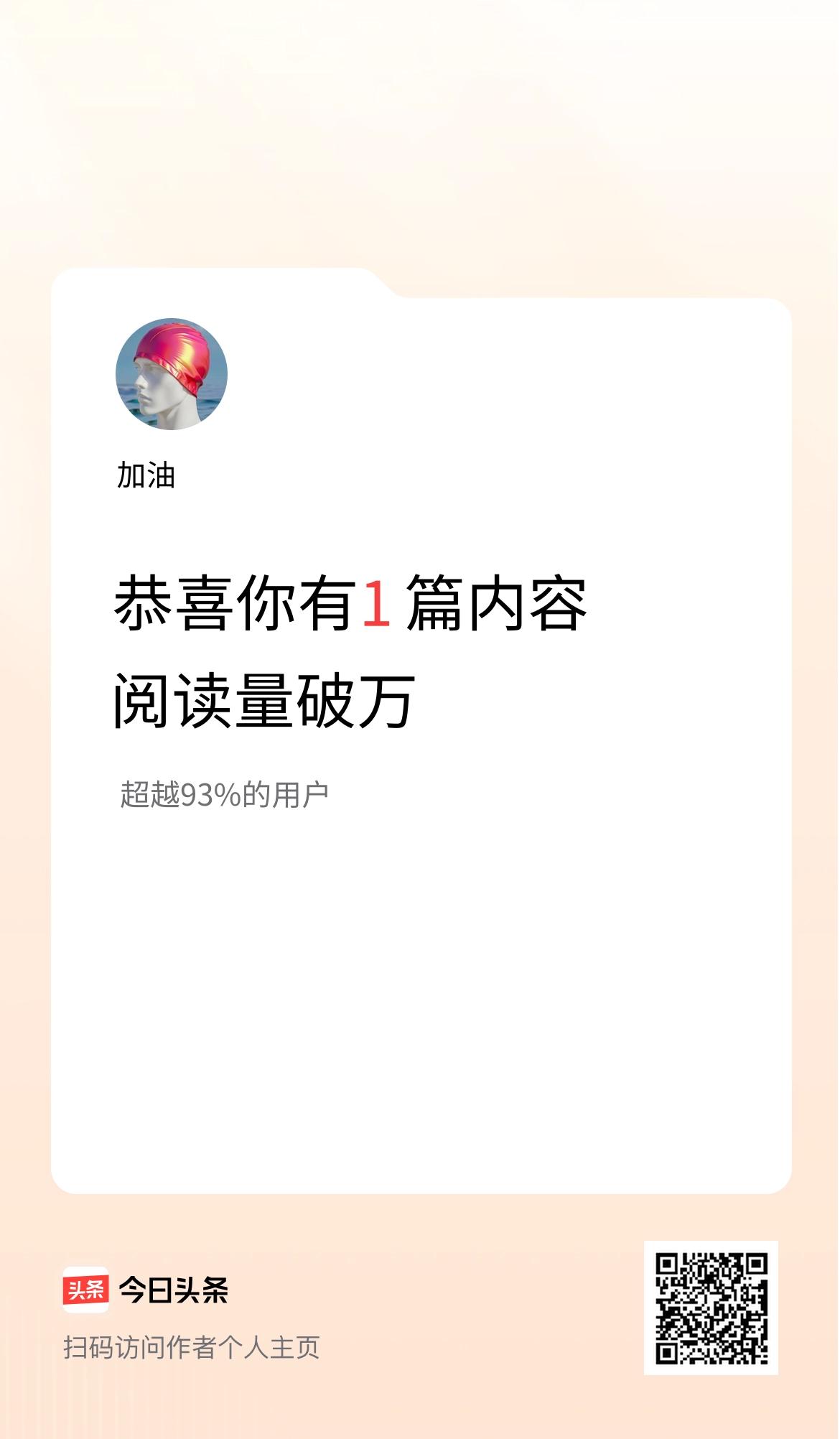 我在头条有1篇内容阅读破万了！