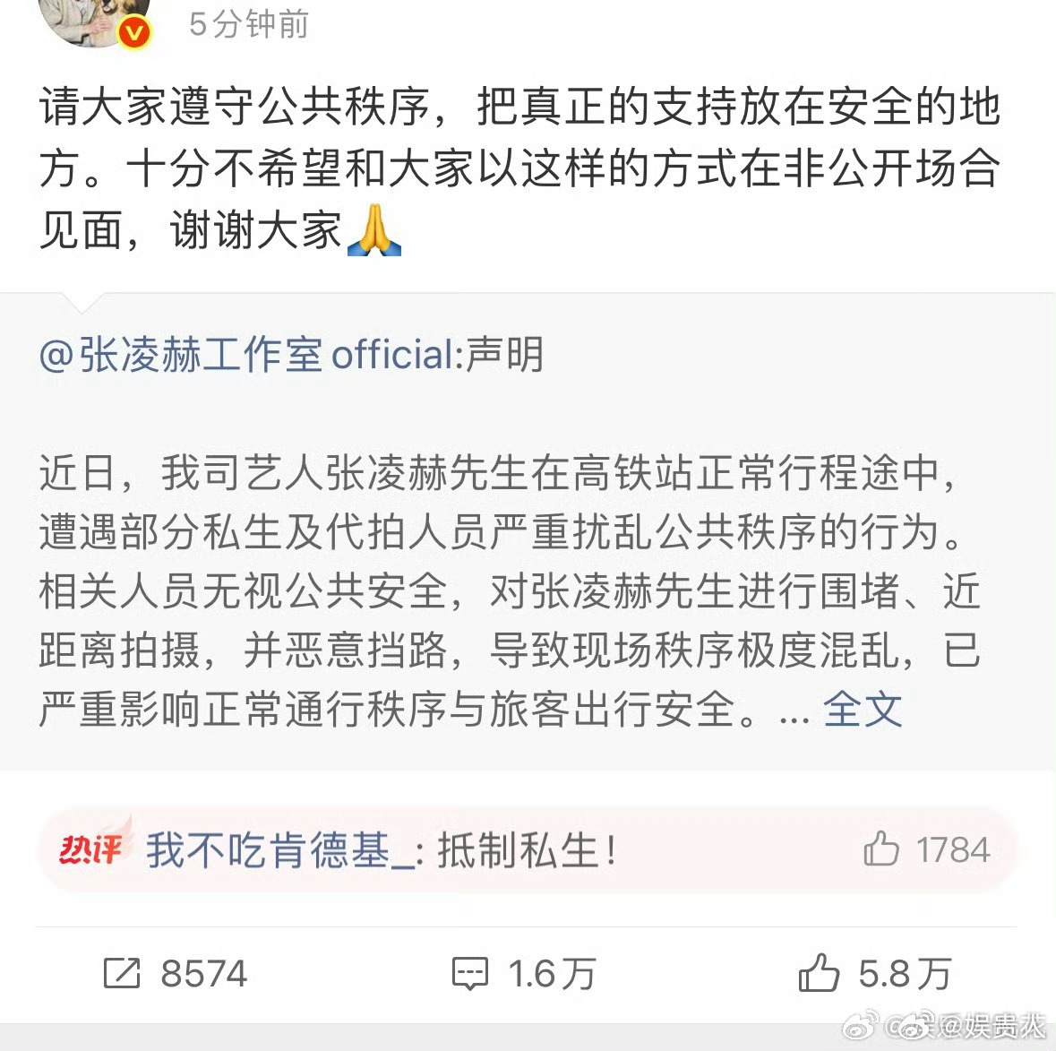 张凌赫工作室严正声明抵制私生和代拍张凌赫高铁站被恶意挡路 在高铁站恶意拦截，快关