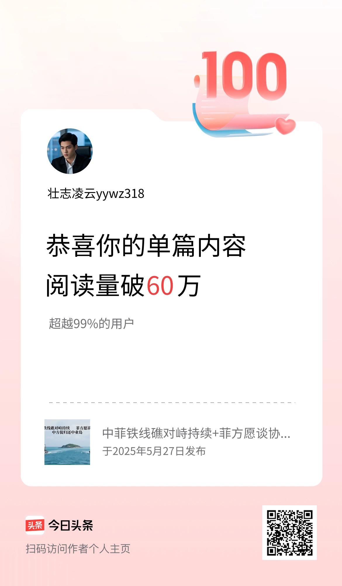 单篇内容获得阅读量破60万啦！