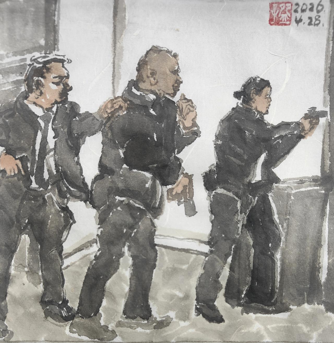 碗子的纸片水墨《白宫记者协会晚宴枪声系列之召唤支援的安保们》