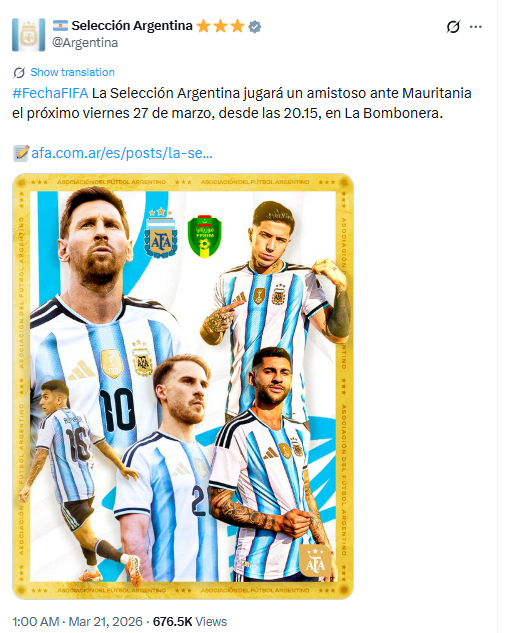 【新增一场友谊赛】💥阿根廷国家队官方社媒更新，03/28（北京时间）新增一场和