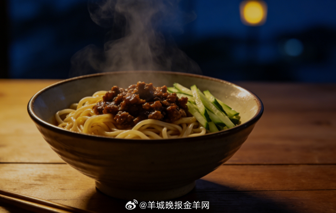 #晚安# 夜色渐深，桌上一碗热腾腾的炸酱面冒着暖香，烟火温柔，人间可爱。卸下一天