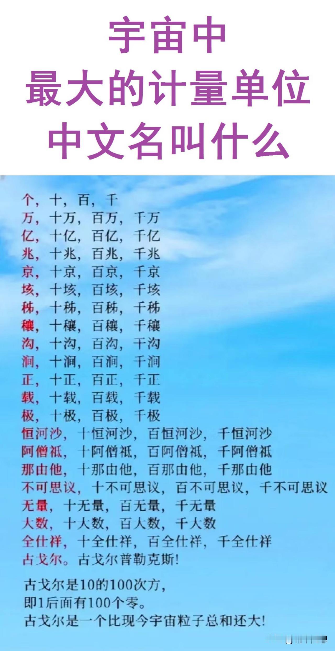 宇宙中，最大的计量单位的中文名叫什么？
亿：包括十亿、百亿、千亿；
兆：包括十兆