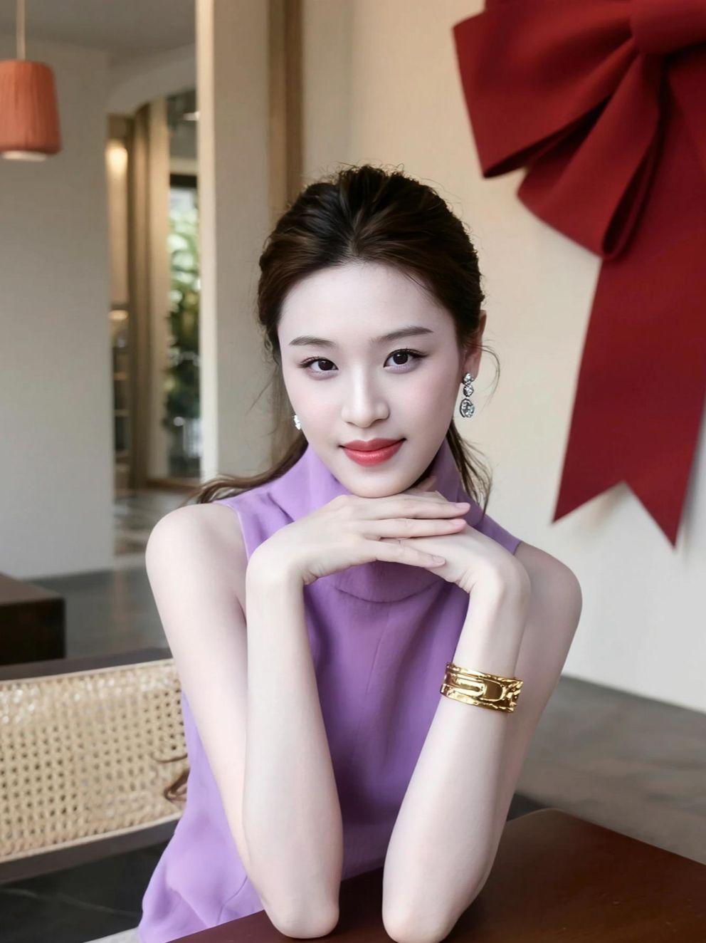 紫色礼服如梦如幻，仿佛为优雅而生。背景的光影交错，衬托出一种低调的奢华感。这样的