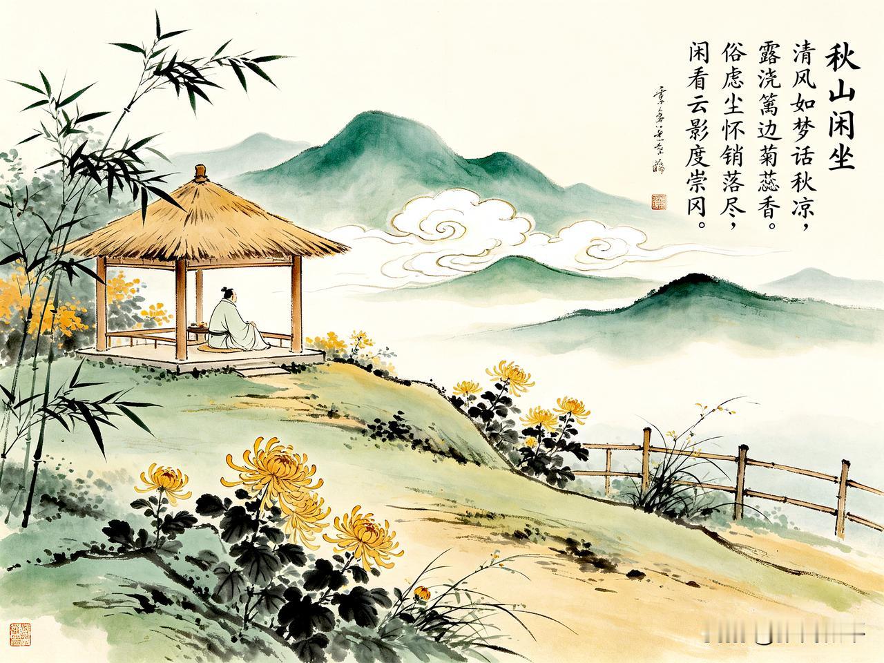 七绝•秋山闲坐
    文/张和平
清风如梦话秋凉，
露浥篱边嫩菊黄。
俗虑尘怀