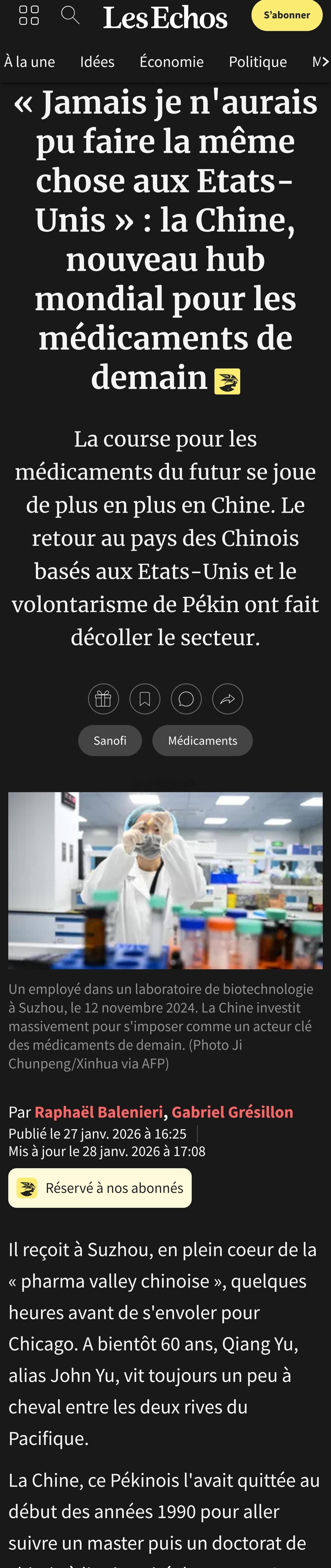 法国《回声报》刊出一篇深度特写，以中国生物医药产业为切口，将人物访谈、产业数据、