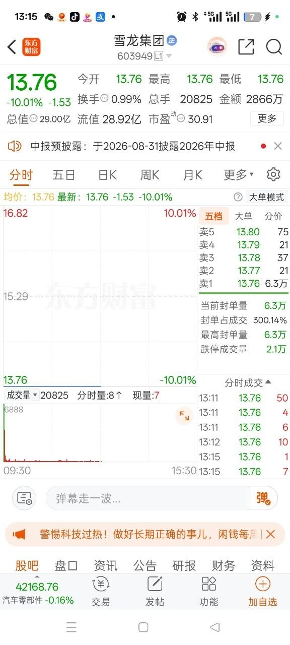 A股今天最惨的股票诞生了，它就是雪龙集团icon。谁也没能料到，前几个交易日还维