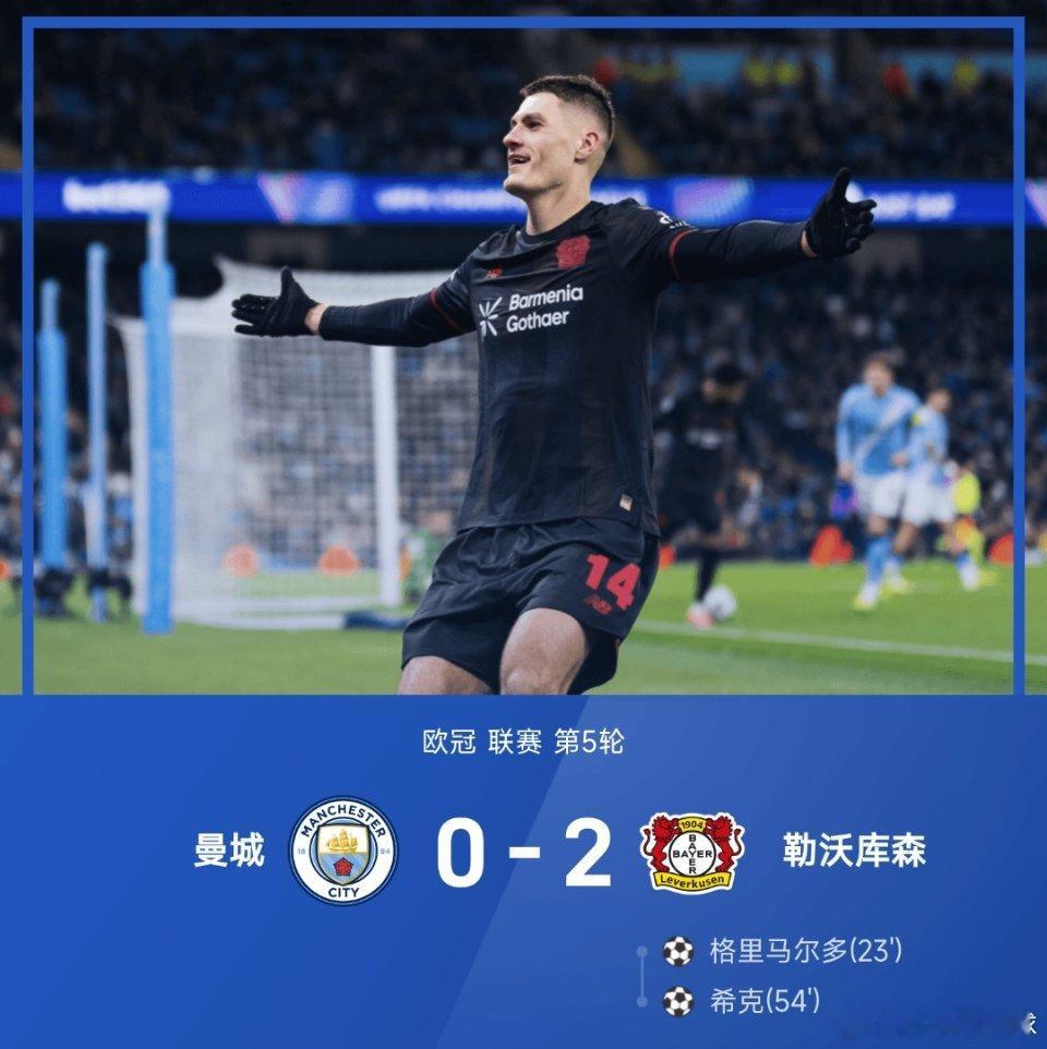 25/26赛季欧冠联赛第5轮，勒沃库森2-0战胜曼城。全场比赛，格里马尔多抽射建