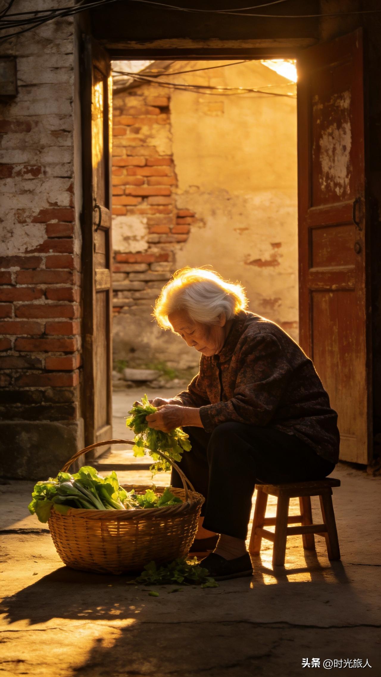 傍晚散步看见阿婆坐在门口摘菜，夕阳把她的白发染成了金，忽然就想起了外婆家的模样，