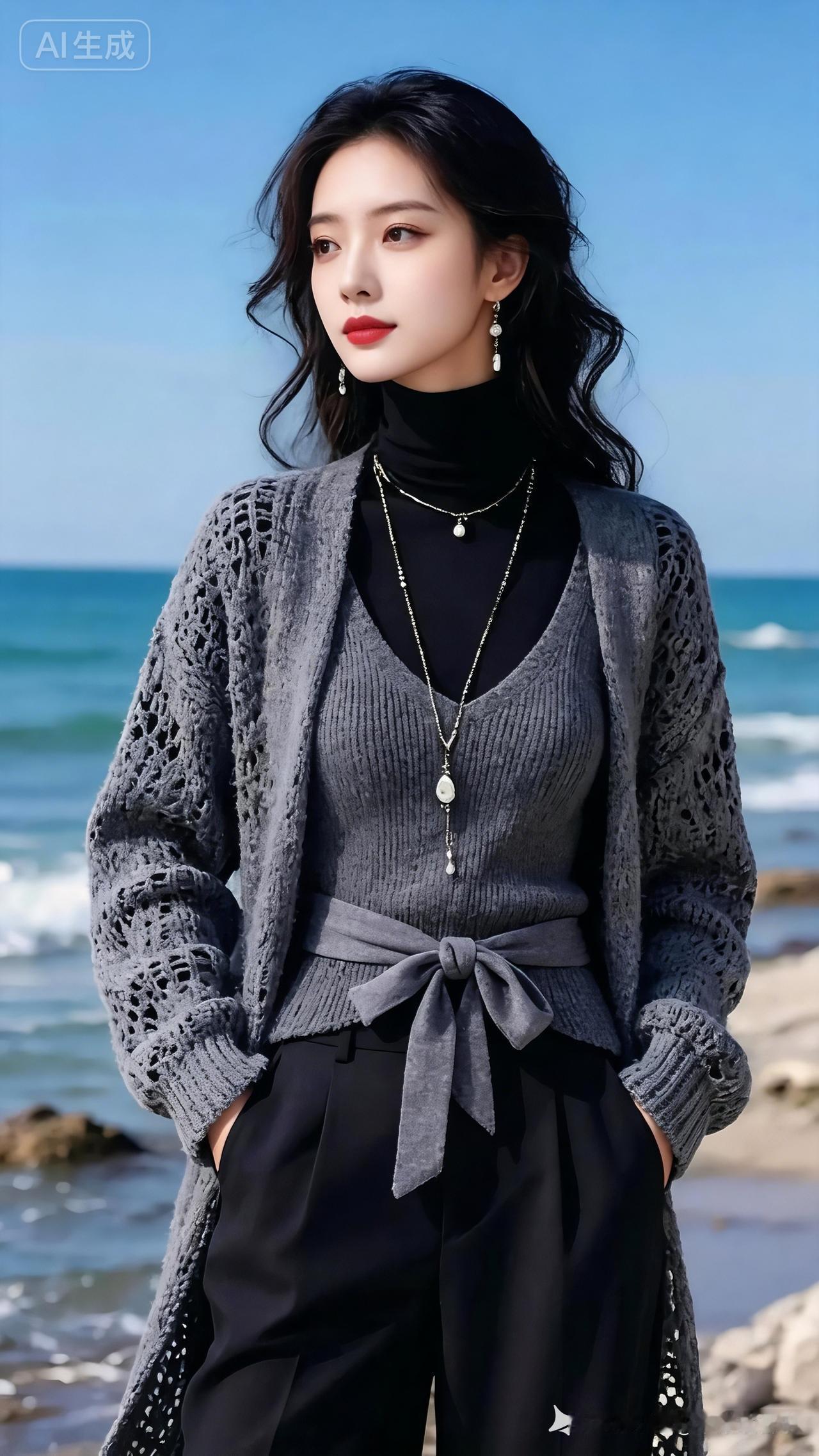 海风吹拂，美人如画。