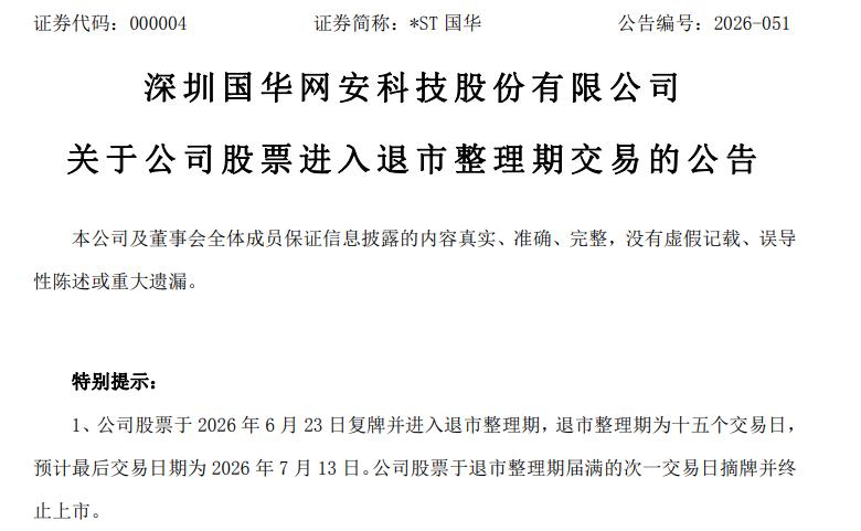 深交所 “老五股” 之一ST 国华（000004）发布终止上市公告，公司股票将于