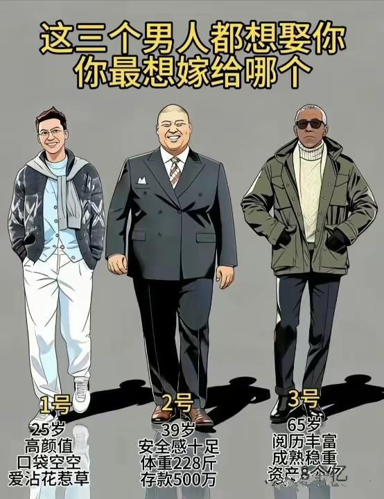 说实话！作为一个聪明的女人，三选一，选一个做老公，你想跟谁结婚？