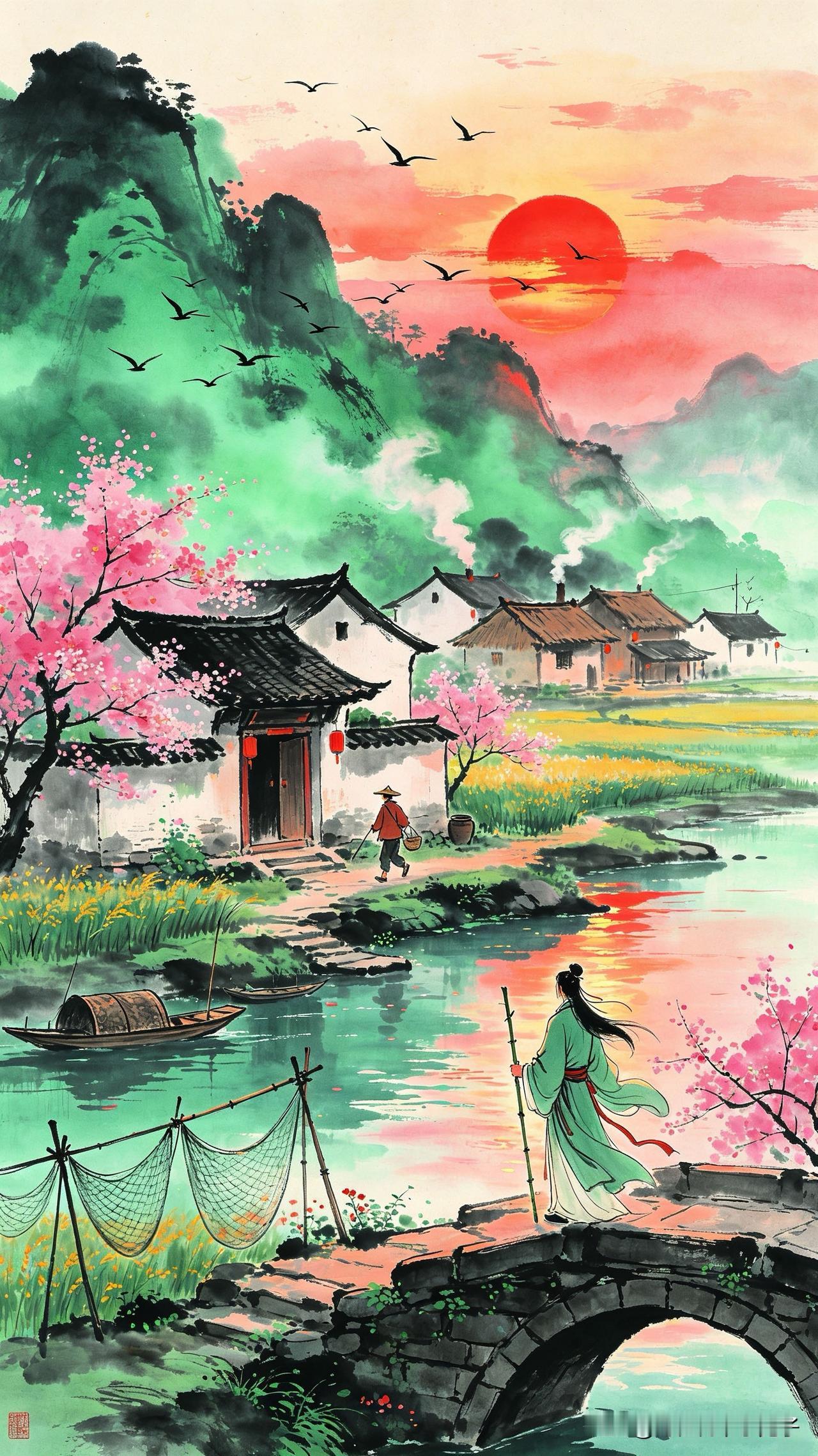柴门临水稻花香，
晒网渔归趁夕阳。
最是晚来堪画处，
     
…………请师友