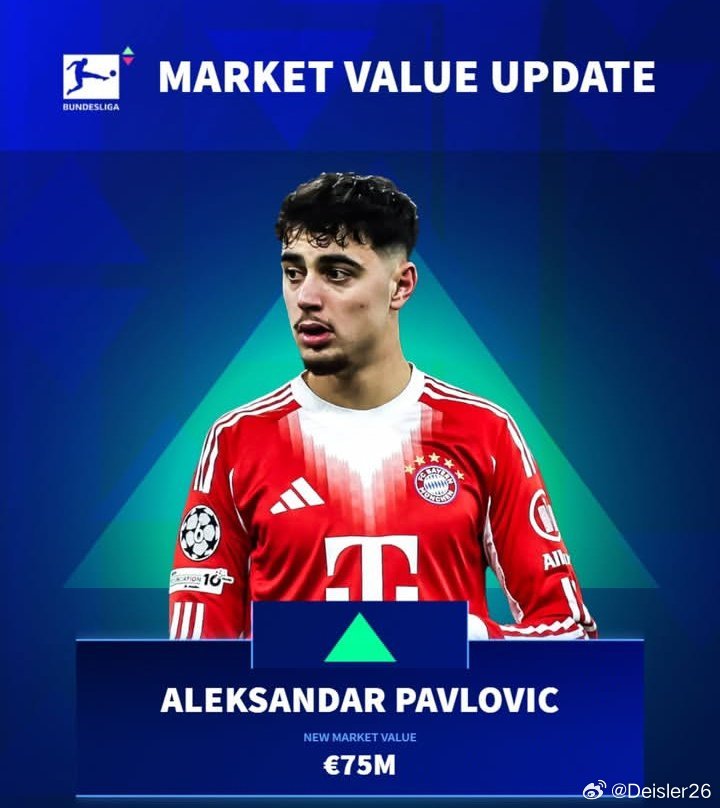 🚨🚨🚨［德國轉會市場網站］：亞歷山大·帕夫洛維奇現在的身價已經達到7500
