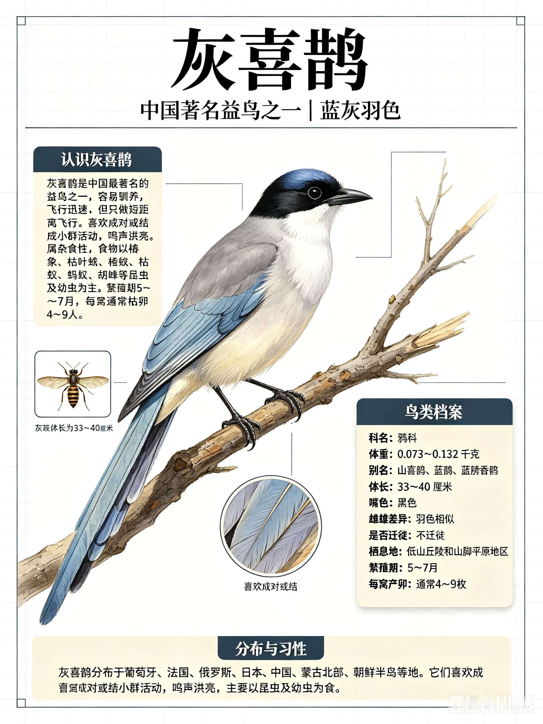 鸟类朋友图鉴 灰喜鹊科名：鸦科体重：0.073～0.132千克别名：山喜鹊、蓝鹊