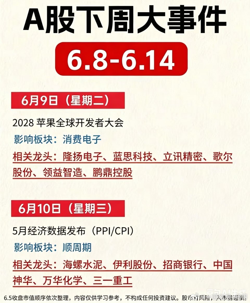 🔥A股下周大事件（6.8-6.14） ‼️下周重大事件前瞻 