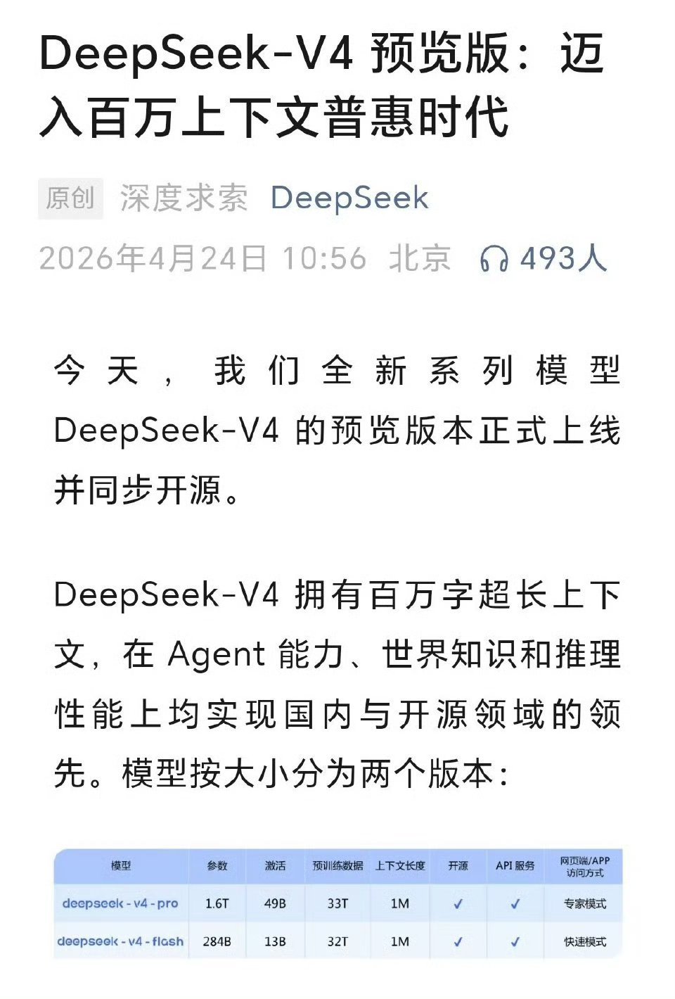 DeepSeek v4 百万上下文DeepSeek V4预览版今日发布并开源，全