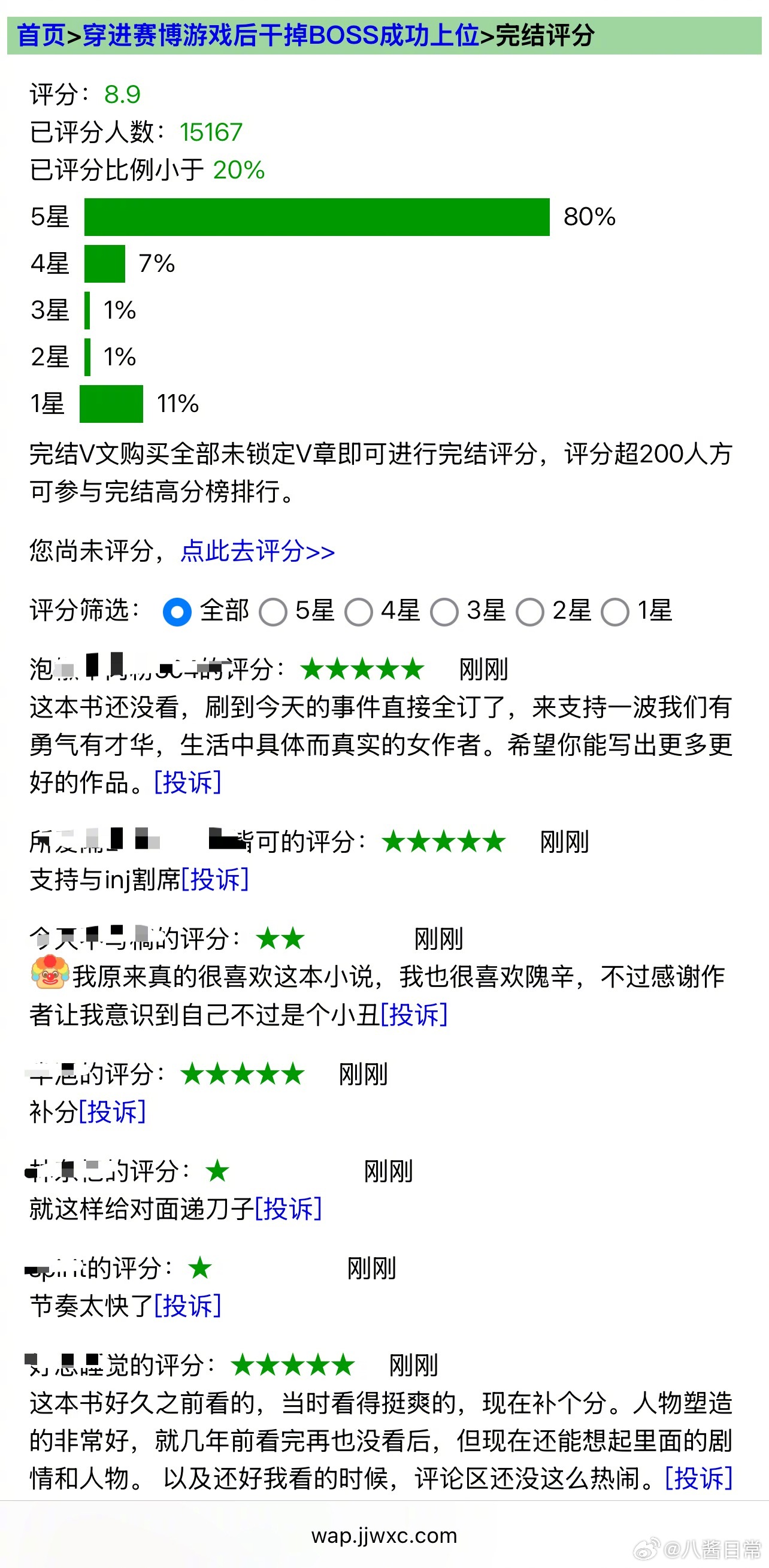 《穿进赛博游戏后干掉BOSS成功上位》晋江评分从9.8掉到8.9 