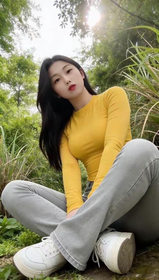 阳光洒落，少女在绿意盎然中沉思。