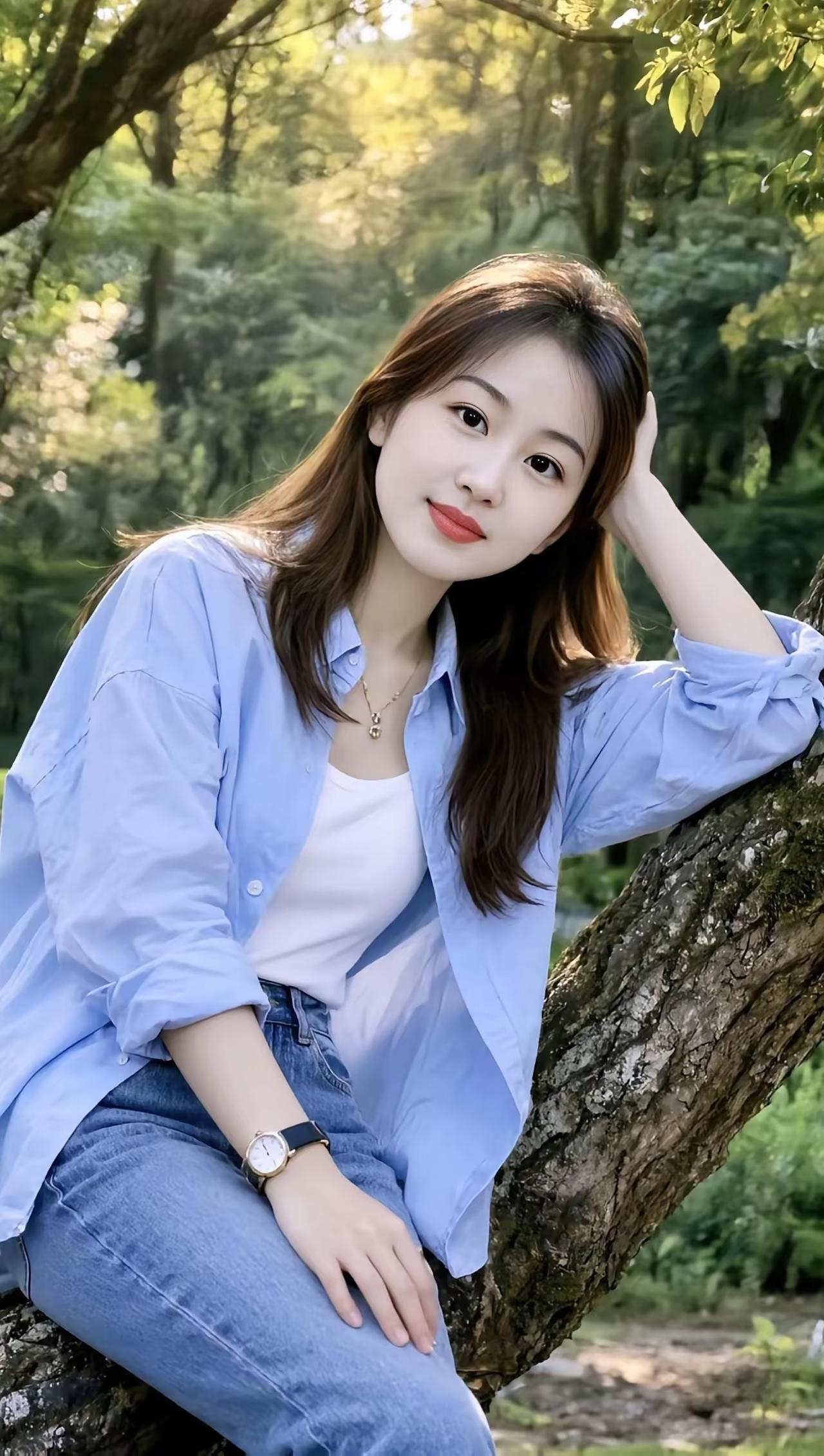 这位小姐姐在树边坐着呢。