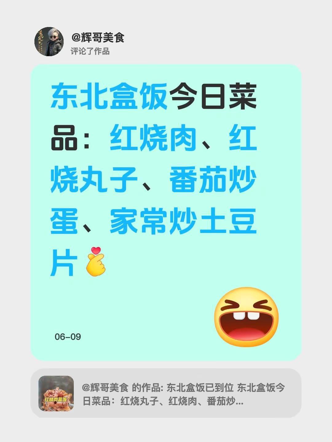 我评论了@辉哥美食 的作品：东北盒饭今日菜品：红烧肉、红烧丸子、番茄炒蛋、家常炒