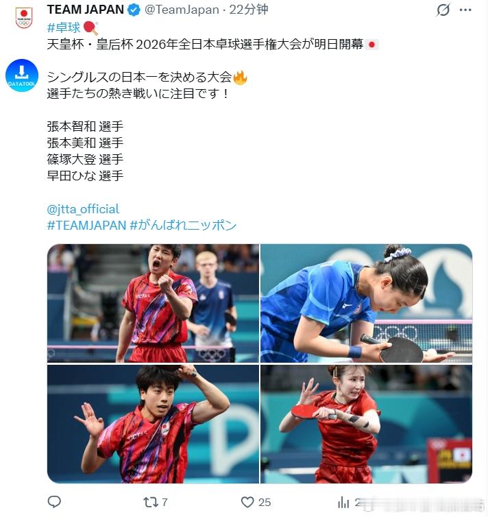 乒乓球全日锦2026张本智和 TeamJapan全日锦宣传。和Jtta的宣传里突