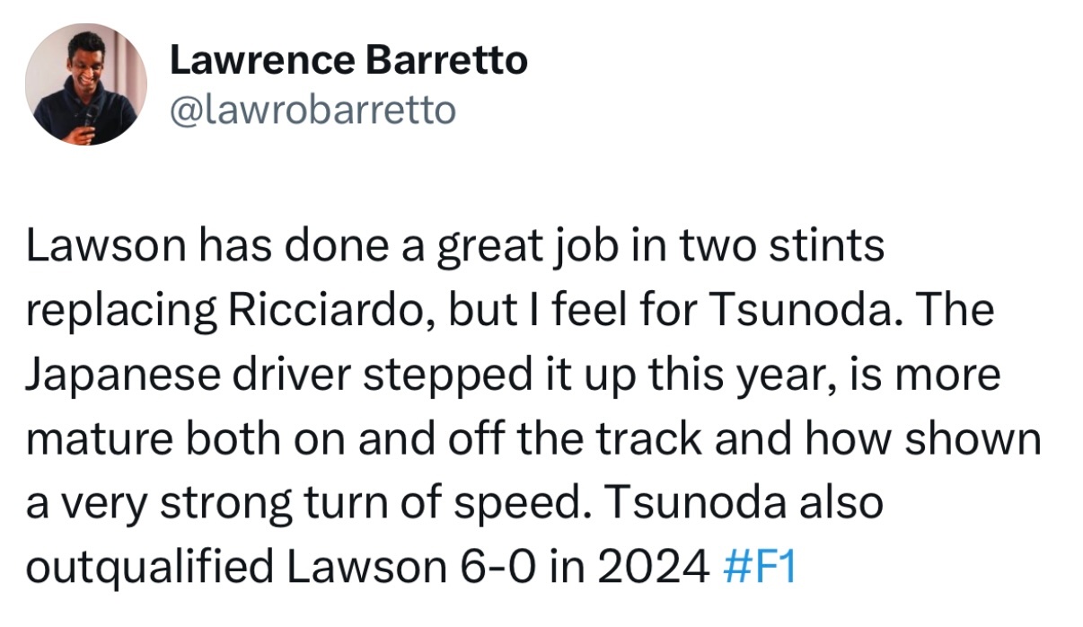 F1官网记者巴雷托说出了一些车迷的心声：“劳森在两个阶段顶替里卡多的过程中表现出