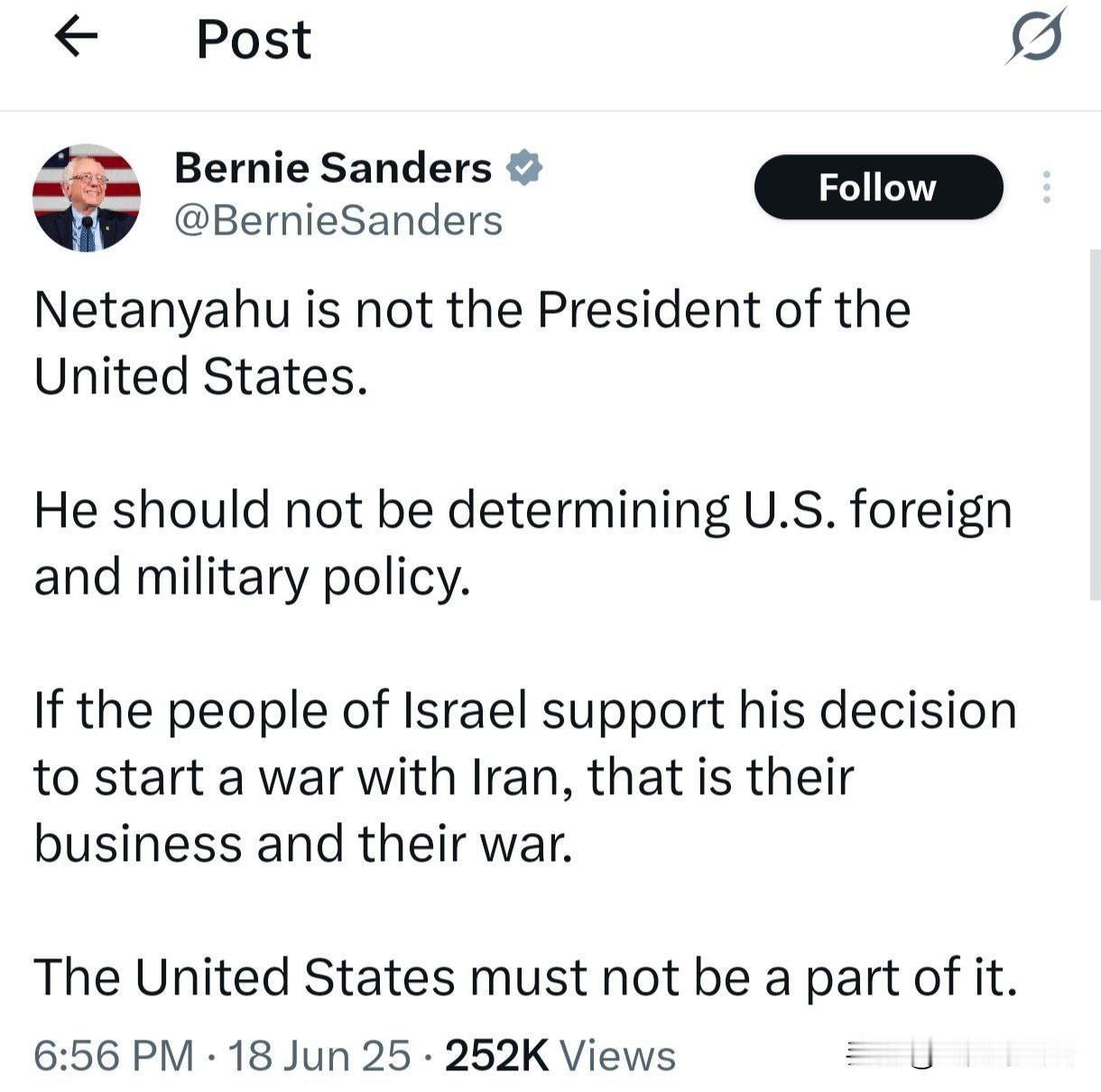 美国著名参议员伯尼·桑德斯 （Bernie Sanders） 对内塔尼亚胡的行为