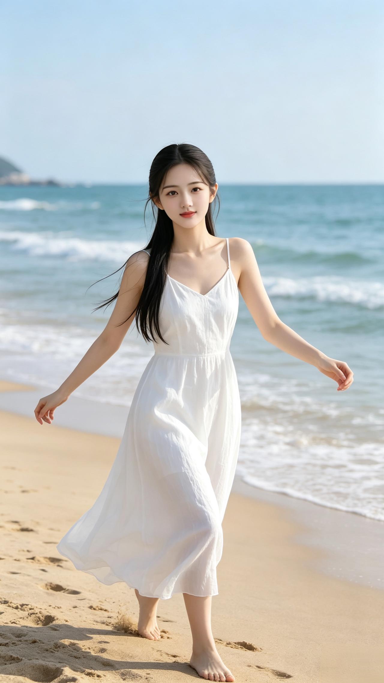 海边漫步，白色长裙飘逸，感受海风拂面，享受美好时光。女孩为什么热衷于海边拍照?