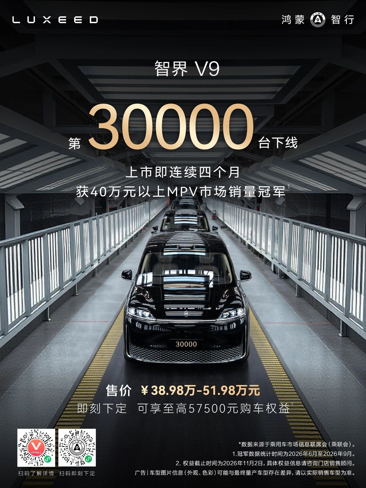智界 V9 第 30000 台车下线了，连续四个月 40 万以上 MPV 销冠，