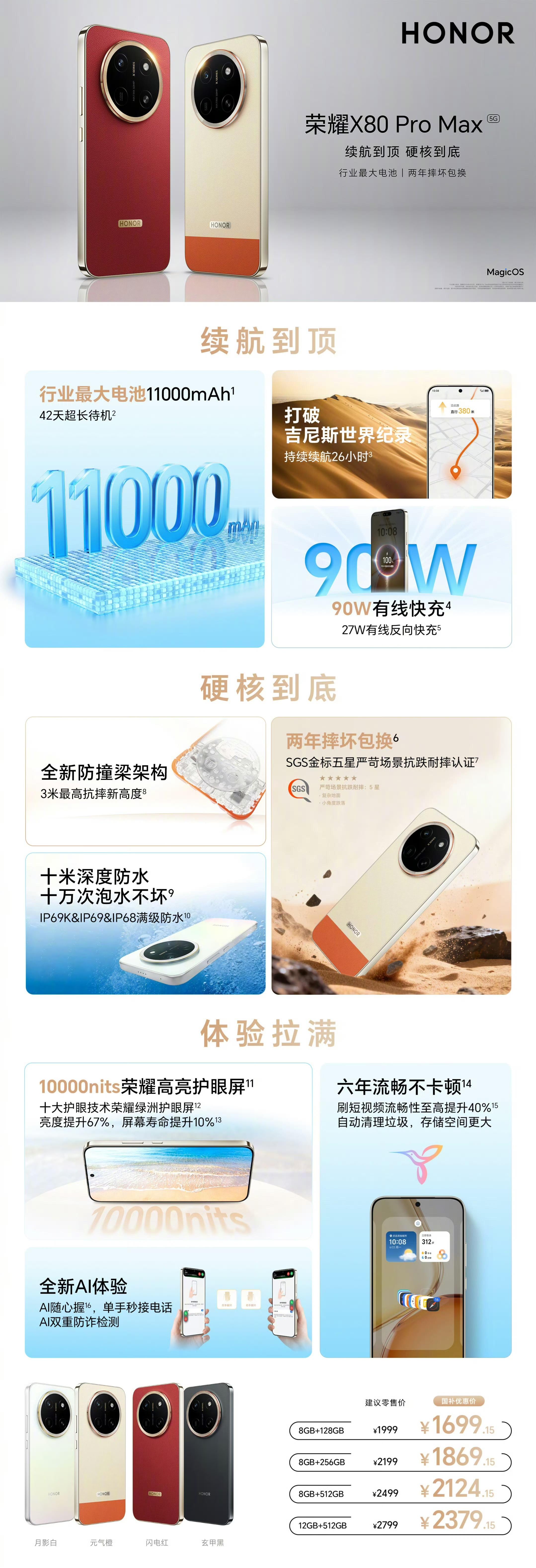 荣耀X80 Pro Max 电池容量 11000mAh，很多平板电脑都要自愧不如