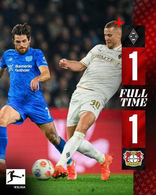 门兴1-1勒沃库森，8分钟恩格尔哈特补射破门，45分钟加西亚射门造成桑德尔乌龙；