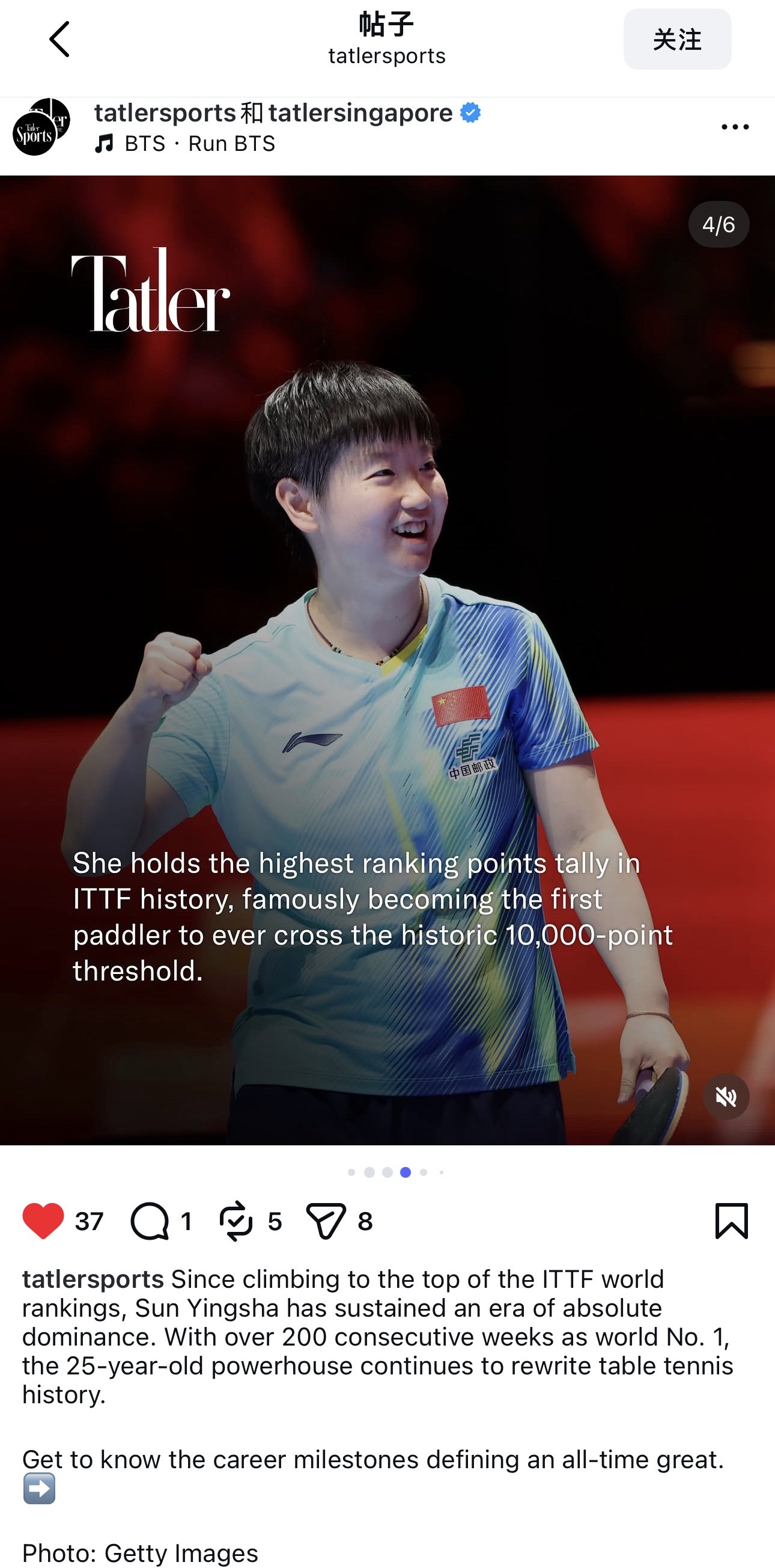 Tatlersports的ins联合Tatlersingapore单独发了莎姐的