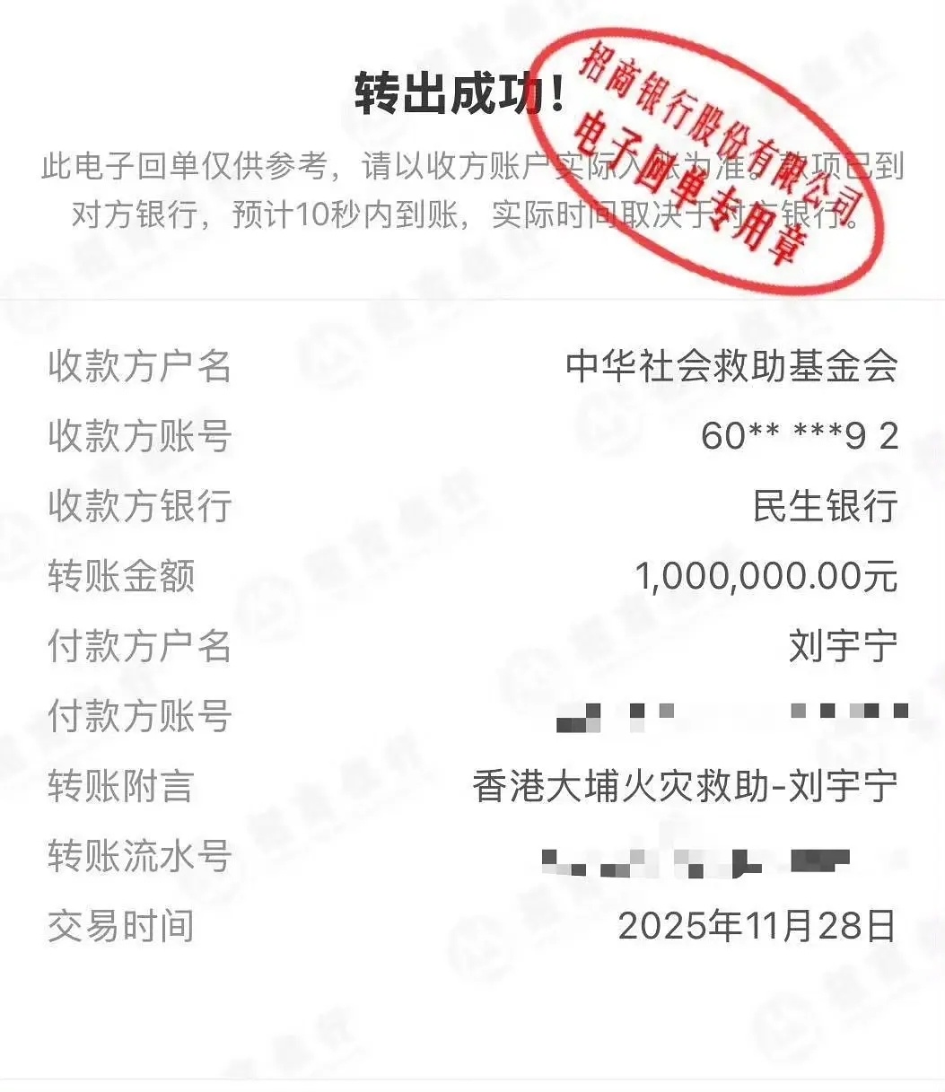 刘宇宁捐款100万，上海粉丝后援会捐款3万 