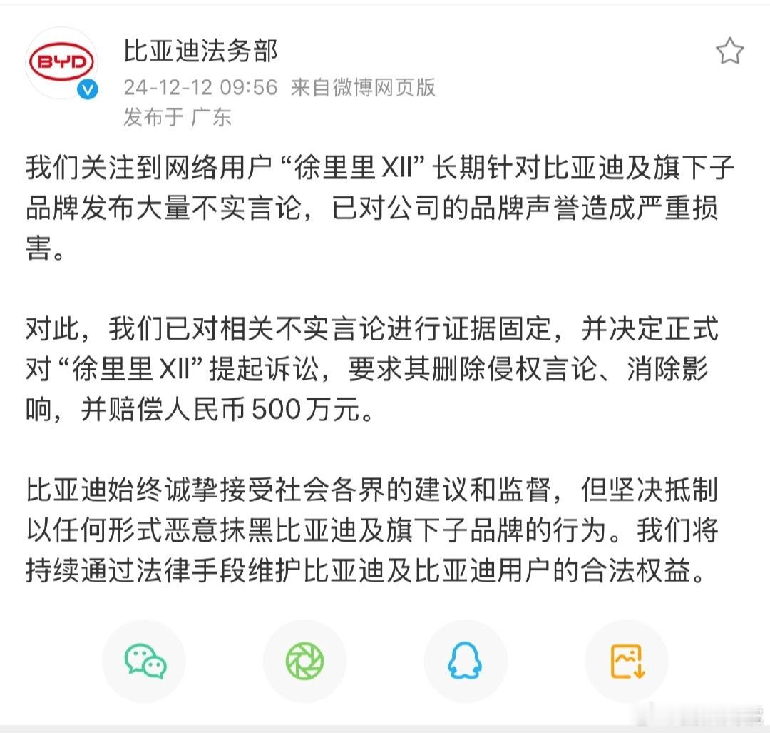 比亚迪正式起诉徐里里 XII，要求删除侵权言论、消除影响，并赔偿人民币500万元