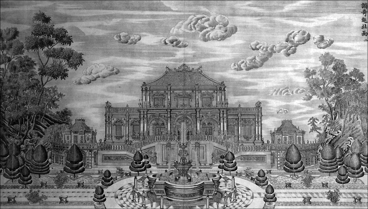 【圆明园-西洋楼】园林建筑组团的铜版画，諧奇趣北面二。由耶稣会顾问小组...