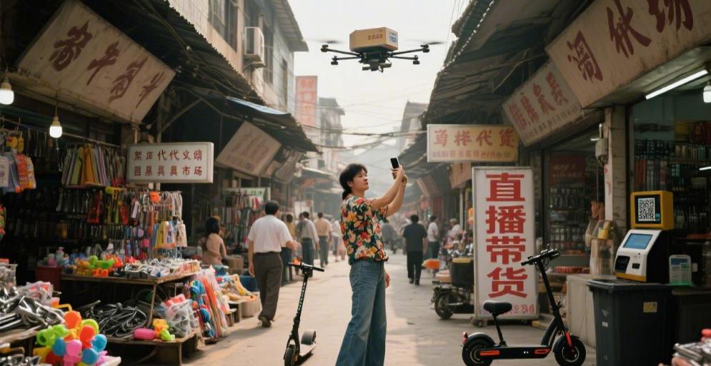 90年代义乌的城市街景，但该图中有很多不符合时代之处。

拨浪鼓声远未休
篁园摊