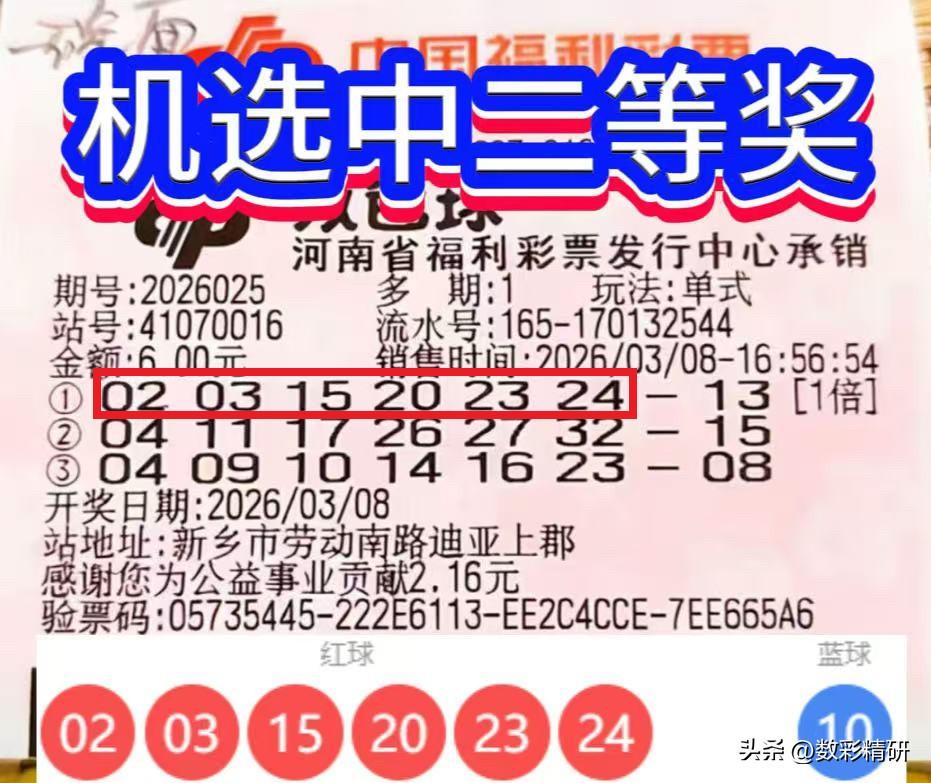 错失蓝球收获二等奖，双色球第26025期开奖结果刚刚揭晓，中奖号码为：02、03