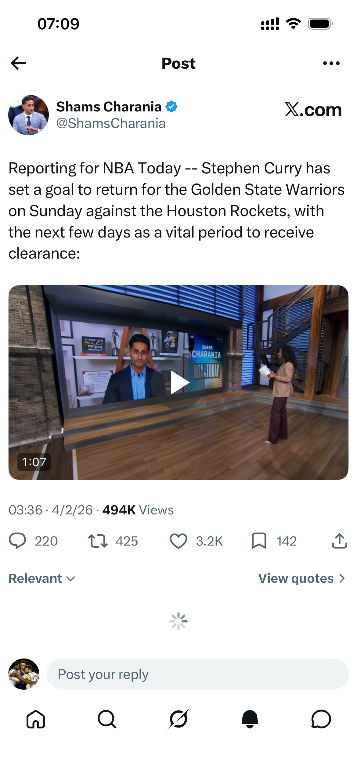 斯蒂芬·库里已将复出目标定在周日金州勇士对阵休斯顿火箭的比赛，接下来的几天将是获