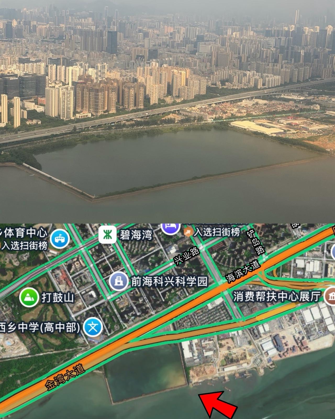 深圳前海这块地围了17年…还填海吗？
飞机进近宝安机场前，拍到了海上这一块被围起