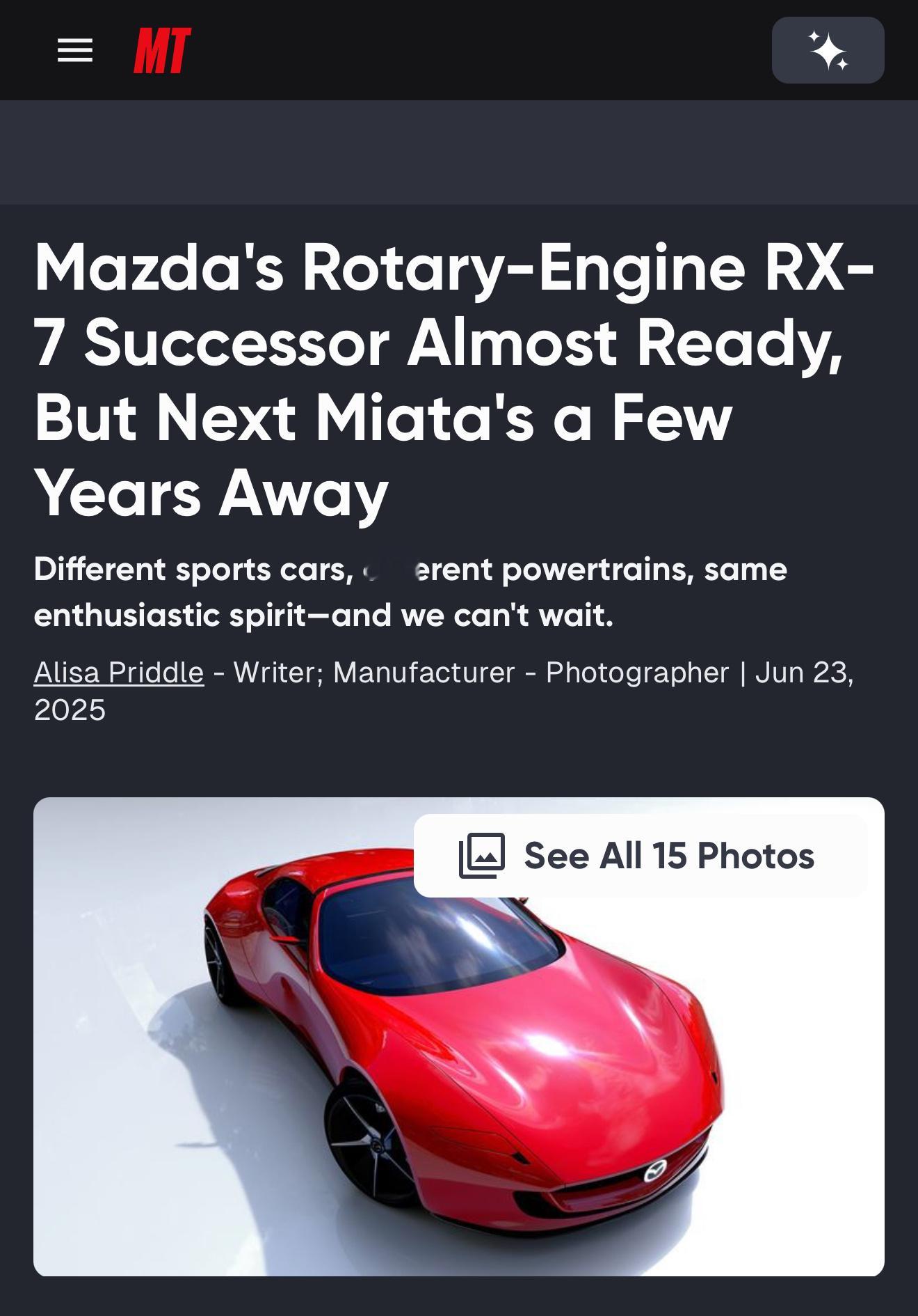 马自达首席技术官梅下隆一在和MotorTrend交流时表示：马自达正在开发新一代