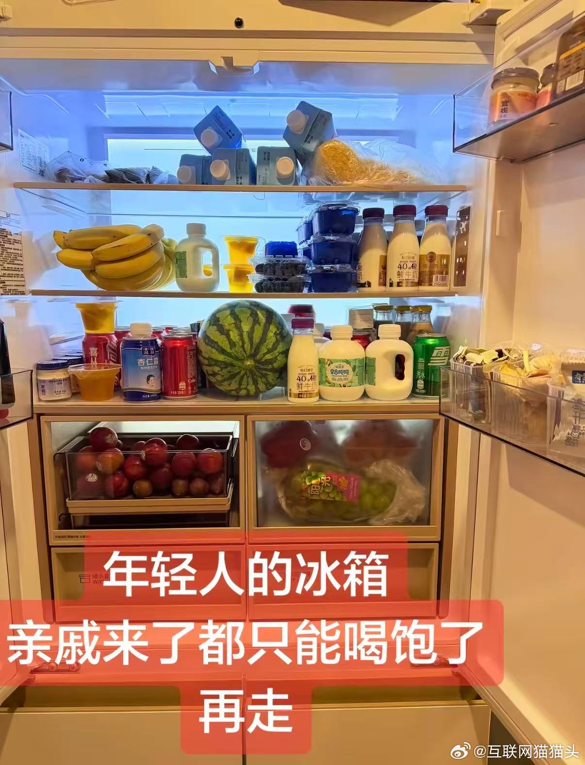长辈的冰箱vs我的冰箱长辈冰箱藏着烟火过日子的模样，自制泡菜、囤的鲜肉、隔天的饭
