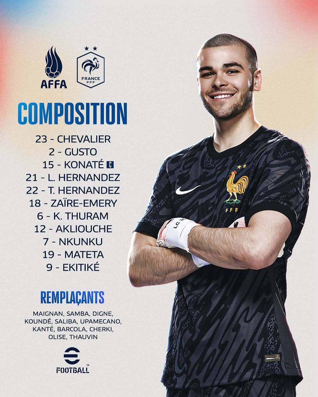【首发阵容】  法国客场vs阿塞拜疆队，🔴⚫️ 恩昆库🇫🇷首发出场。💪?